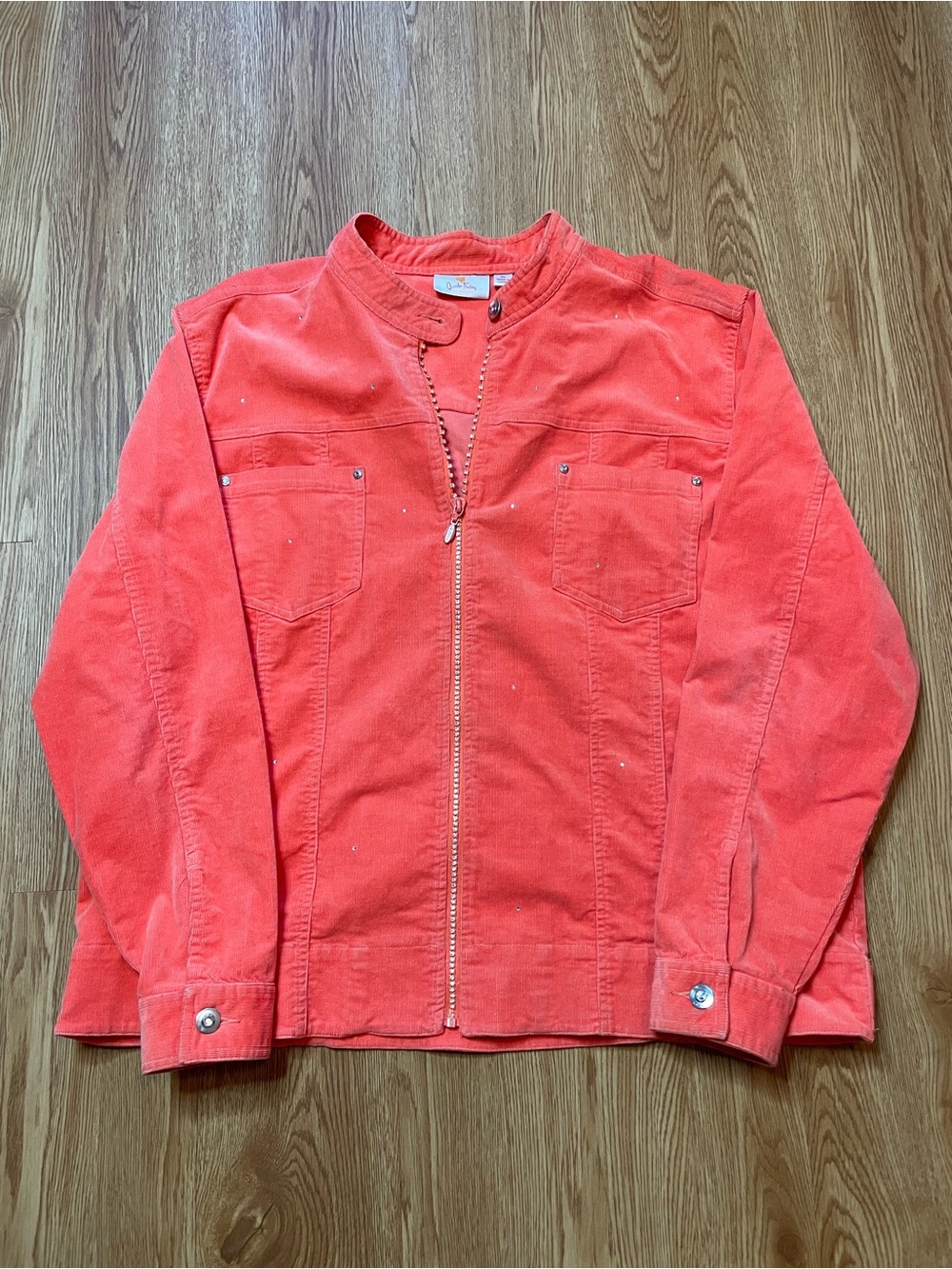 Quacker Factory Rhinestone Corduroy Full Zip Jacket Coral Pink/Orange Size XL